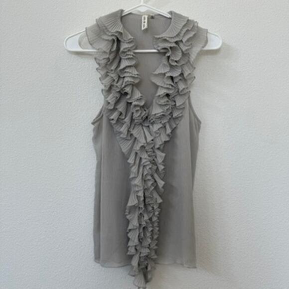 ROBBI & NIKKI Ruffle Front Blouse Sleeveless Pleated Gray Romantic Feminine L - Picture 1 of 6